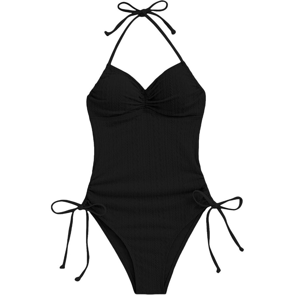 Solid Black Halter One Piece Swimsuit Y2K Ruched Bathing Suit Swimwear X-LARGE